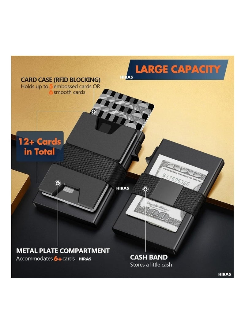 حِرَاس محفظة بطاقات هيراس المصنوعة من الألومنيوم والمزودة بتقنية حجب RFID - حافظة بطاقات رفيعة قابلة للطي بسعة 12 بطاقة، زر وصول سريع، محفظة بطاقات ائتمان معدنية آمنة للرجال والنساء - أسود - Image 3