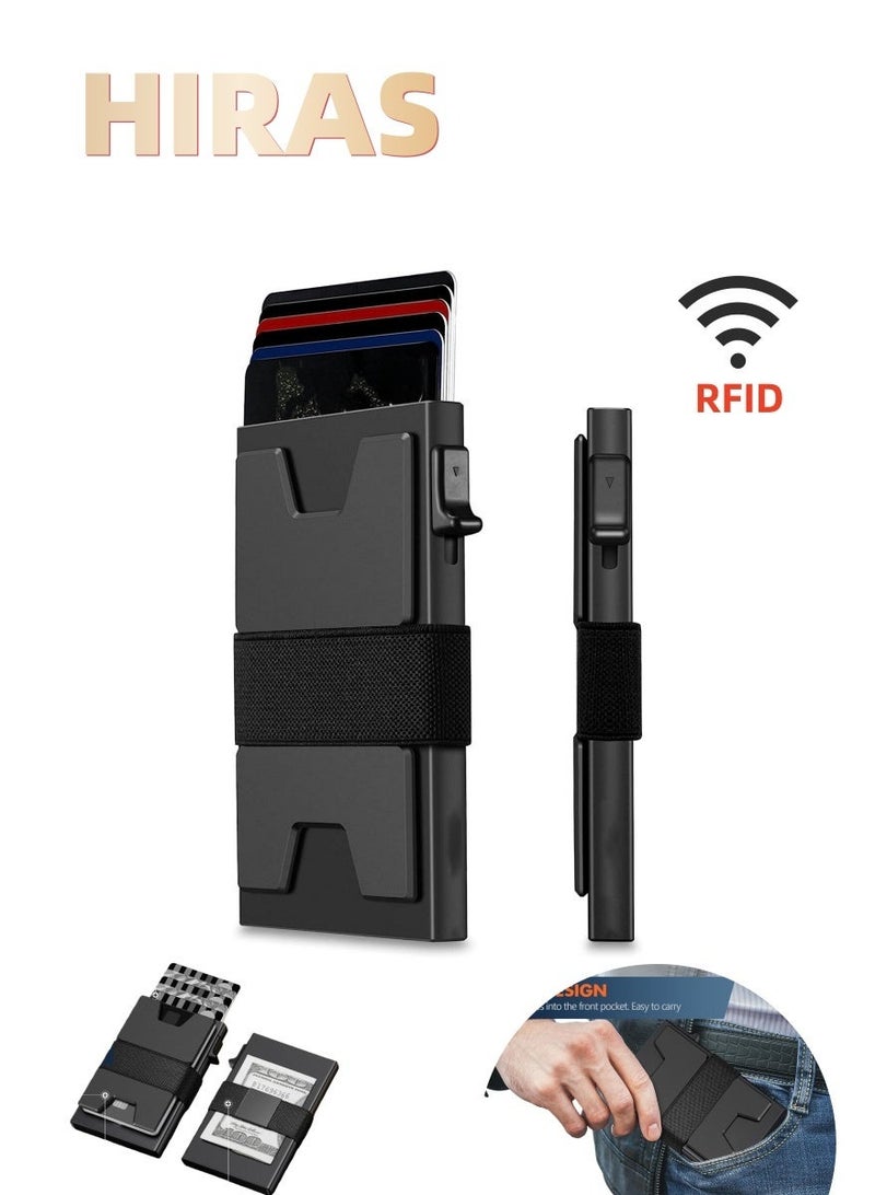 حِرَاس محفظة بطاقات هيراس المصنوعة من الألومنيوم والمزودة بتقنية حجب RFID - حافظة بطاقات رفيعة قابلة للطي بسعة 12 بطاقة، زر وصول سريع، محفظة بطاقات ائتمان معدنية آمنة للرجال والنساء - أسود - Image 1