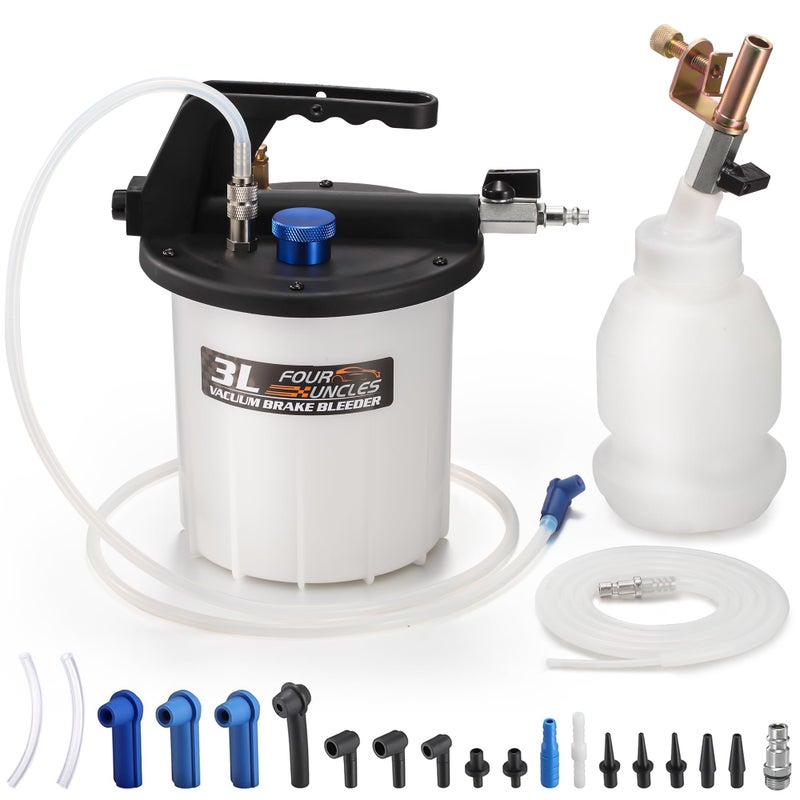 FOUR UNCLES 3L Brake Bleeder Vacuum Pump Kit Pneumatic Brake Fluid Extractor with 1L Refilling Bottle Adapters for Automotive Bleeding OnePerson Operation
