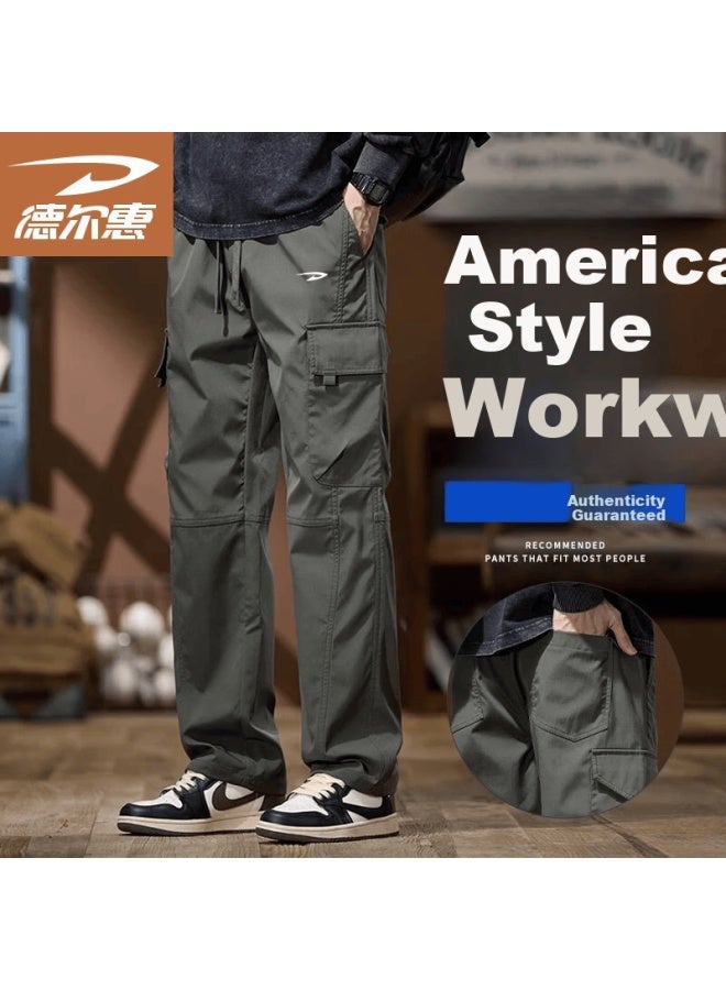 Deerway Men's Casual Pants Spring Autumn Outdoor Windproof Work Cargo Pants Loose Breathable Straight Leg Military Green L