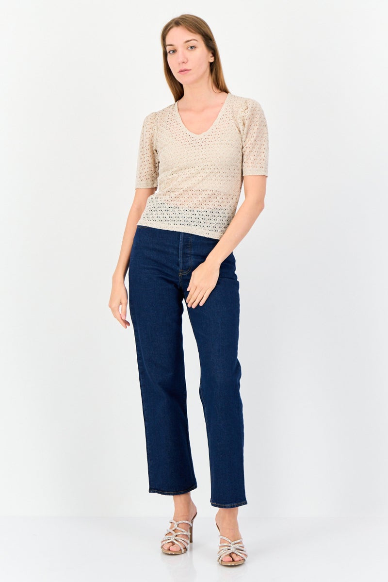 ONLY Women V-Neck Short Sleeve Textured T-Shirt, Beige - Image 4