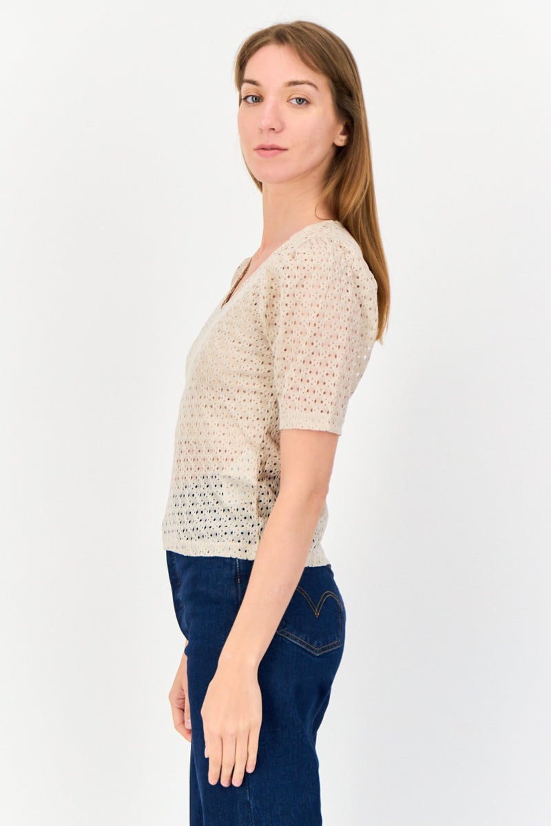 ONLY Women V-Neck Short Sleeve Textured T-Shirt, Beige - Image 2