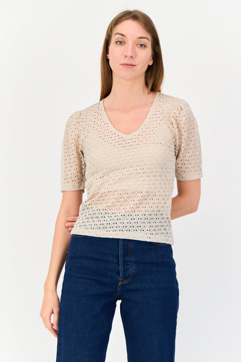ONLY Women V-Neck Short Sleeve Textured T-Shirt, Beige - Image 1