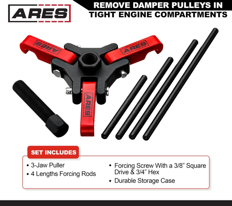 ARES 71002 - Harmonic Balancer Puller Kit - Adjustable 3-Jaw Puller Fits Most Late Model Automobiles & Trucks - Remove Damper Pulleys in Tight Engine Compartments Without Removing The Radiator - Image 2