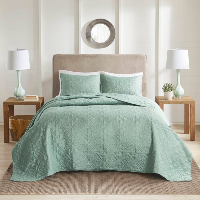 510 DESIGN Oakley Reversible Quilt Set - Luxe Stitching Design, All Season, Lightweight Coverlet Bedspread Bedding, Matching Shams, Oversized King/Cal King(120"x118"), Medallion Seafoam 3 Piece - Image 2