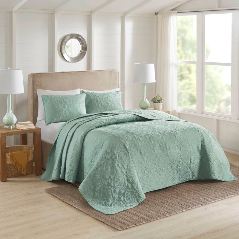 510 DESIGN Oakley Reversible Quilt Set - Luxe Stitching Design, All Season, Lightweight Coverlet Bedspread Bedding, Matching Shams, Oversized King/Cal King(120"x118"), Medallion Seafoam 3 Piece - Image 1