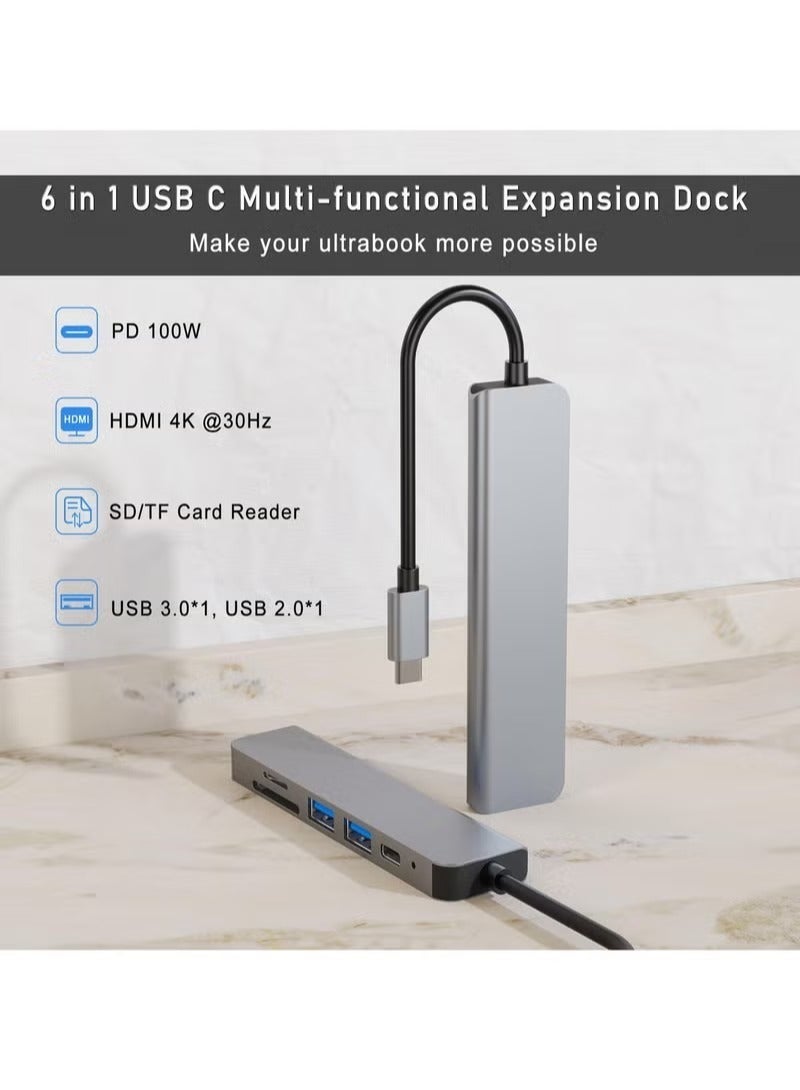 الباندا العملاقة موزع USB-C 6 في 1 مع شحن سريع بقوة 100 واط، محول من النوع C إلى HDMI بدقة 4K بتردد 30 هرتز، منافذ USB 2.0 وUSB 3.0 بسرعة 5 جيجابت في الثانية، قارئ بطاقات SD/TF مزدوج، متوافق مع MacBook Pro/Air 2023 M2/M1 وiPad Pro/Air وHP وDell وASUS وLenovo وغيرها | فضي - Image 2