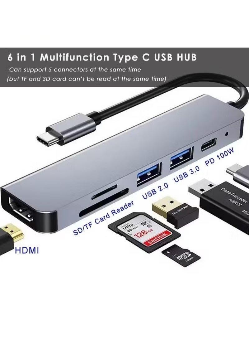 الباندا العملاقة موزع USB-C 6 في 1 مع شحن سريع بقوة 100 واط، محول من النوع C إلى HDMI بدقة 4K بتردد 30 هرتز، منافذ USB 2.0 وUSB 3.0 بسرعة 5 جيجابت في الثانية، قارئ بطاقات SD/TF مزدوج، متوافق مع MacBook Pro/Air 2023 M2/M1 وiPad Pro/Air وHP وDell وASUS وLenovo وغيرها | فضي - Image 3