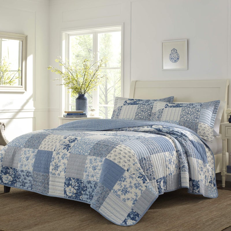 Laura Ashley - Twin Quilt Set, Reversible Cotton Bedding with Matching Sham, Medium-Weight for Year Round Use, Dorm Essentials (Paisley Printed Patchwork Blue) | Twin, Cotton, Bedding, Matching Sham, Farmhouse Inspired, Home Decor, Paisley Printed, Patchwork, Blue - Image 5