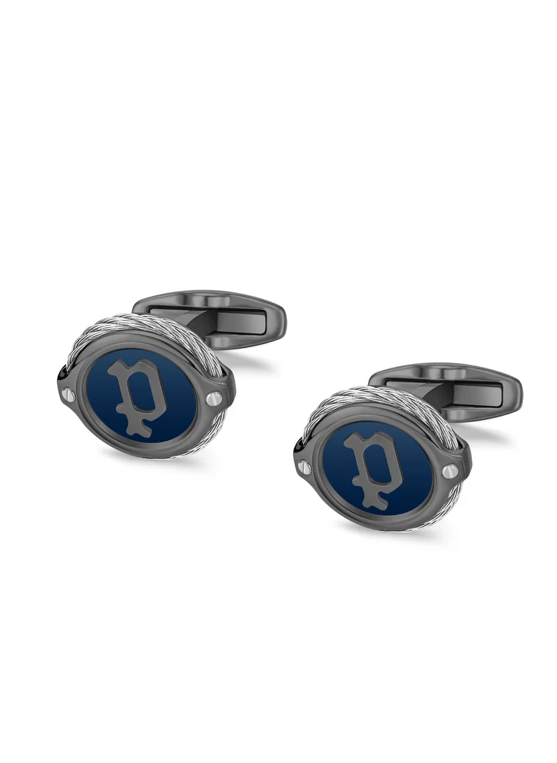 POLICE Wiregrip Grey and Blue Stainless Steel Cufflinks for Mne with P Logo
