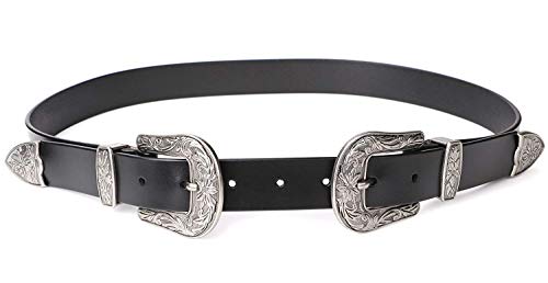 JASGOOD Double Buckle Western Belts For Woman Cowgirl Country Belt Vintage Black Leather Belt For Jeans Pants Dresses - Image 1