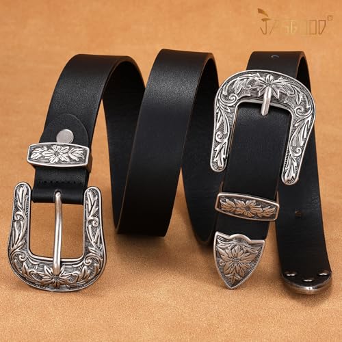 JASGOOD Double Buckle Western Belts For Woman Cowgirl Country Belt Vintage Black Leather Belt For Jeans Pants Dresses - Image 2