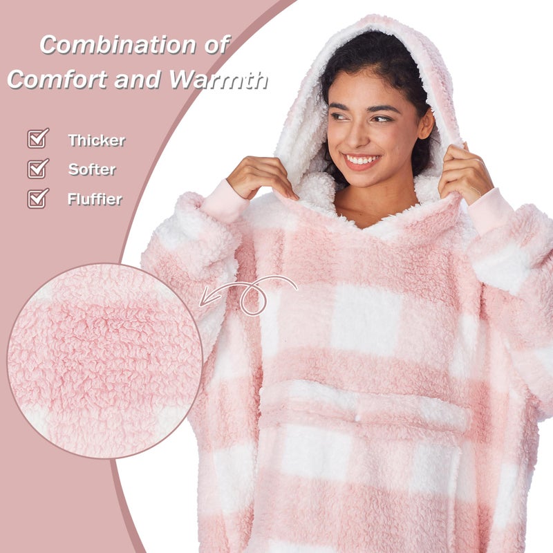 Catalonia Pink Plaid Oversized Wearable Blanket Hoodie Sweatshirt, Comfortable Sherpa Lounging Pullover for Adults Men Women Wife Girlfriend, Gift for Her - Image 4