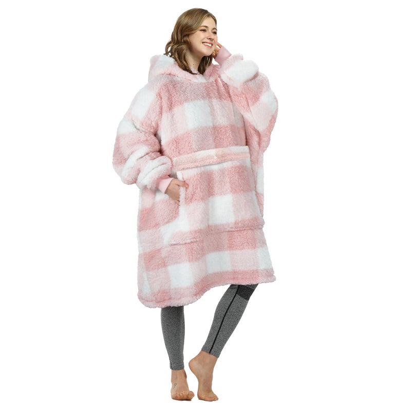 Catalonia Pink Plaid Oversized Wearable Blanket Hoodie Sweatshirt, Comfortable Sherpa Lounging Pullover for Adults Men Women Wife Girlfriend, Gift for Her - Image 1