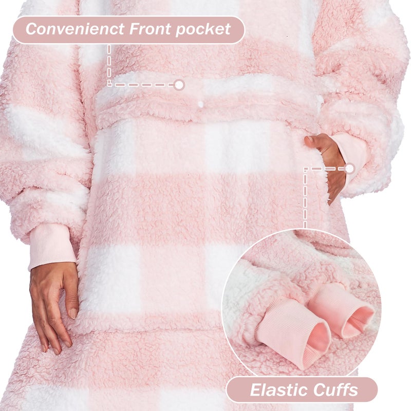 Catalonia Pink Plaid Oversized Wearable Blanket Hoodie Sweatshirt, Comfortable Sherpa Lounging Pullover for Adults Men Women Wife Girlfriend, Gift for Her - Image 3