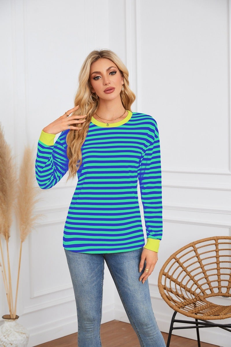 Women's Striped Round Neck Long Sleeve Casual Sweatshirt - Comfortable Fall Pullover Top - Image 1