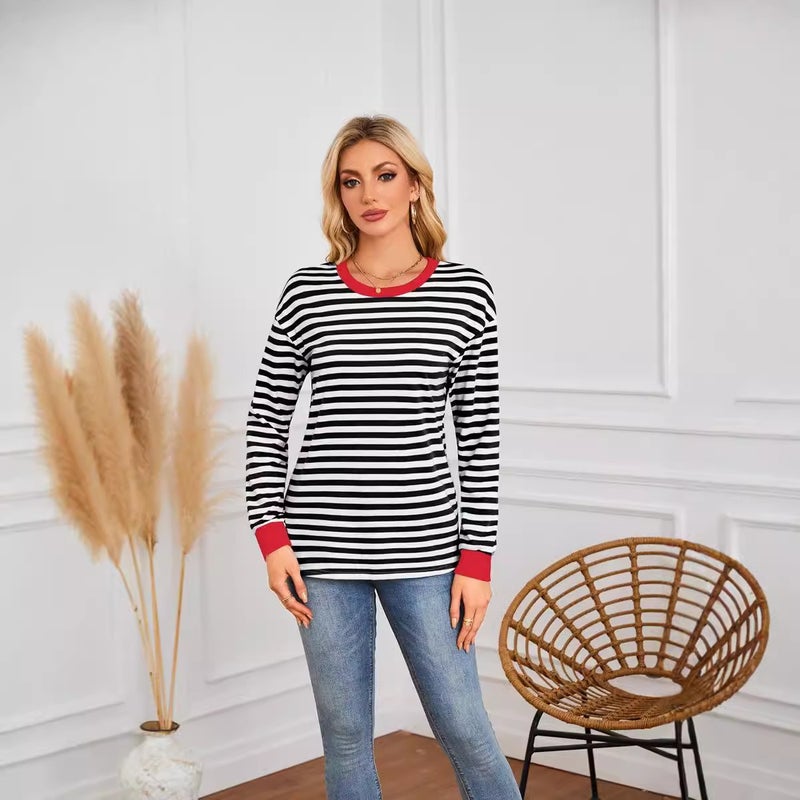 Women's Striped Round Neck Long Sleeve Casual Sweatshirt - Comfortable Fall Pullover Top - Image 3