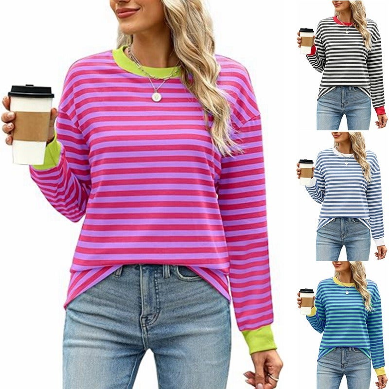 Women's Striped Round Neck Long Sleeve Casual Sweatshirt - Comfortable Fall Pullover Top - Image 2