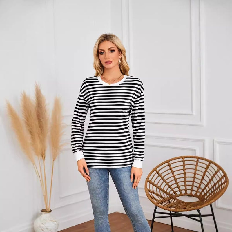 Women's Striped Round Neck Long Sleeve Casual Sweatshirt - Comfortable Fall Pullover Top - Image 4