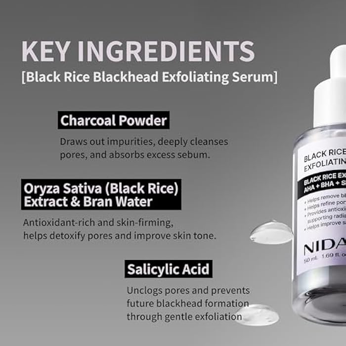 NIDA سيروم تقشير الرؤوس السوداء من نيدا الأرز الأسود | 1.69 أونصة سائلة، 50 مل | مقشر وجه يومي ناعم لإزالة خلايا الجلد الميتة لجميع أنواع البشرة للعناية بالبشرة الكورية - Image 4