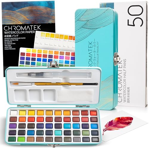 CHROMATEK Watercolor Paint Set 50 Vivid Colors Water Color Paper Pad Brush Aqua Pen Palette Color Chart Swatch Sheets Metal Travel Case Premium AllInOne Art Travel Kit Art Supplies - Image 1