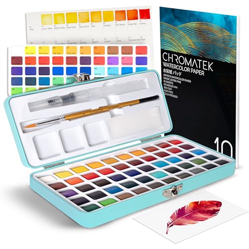 CHROMATEK Watercolor Paint Set 50 Vivid Colors Water Color Paper Pad Brush Aqua Pen Palette Color Chart Swatch Sheets Metal Travel Case Premium AllInOne Art Travel Kit Art Supplies - Image 3