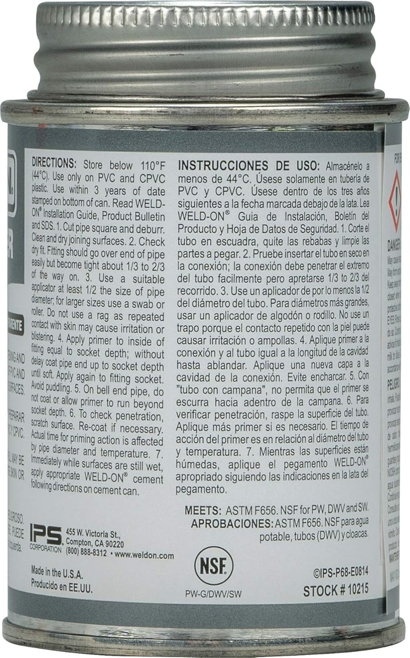 IPS Weld-On 10215 P-68 PVC/CPVC Non-Bodied Primer - Fast Acting and Low-VOC, Clear, 1/4 Pint (4 fl oz) - Image 2