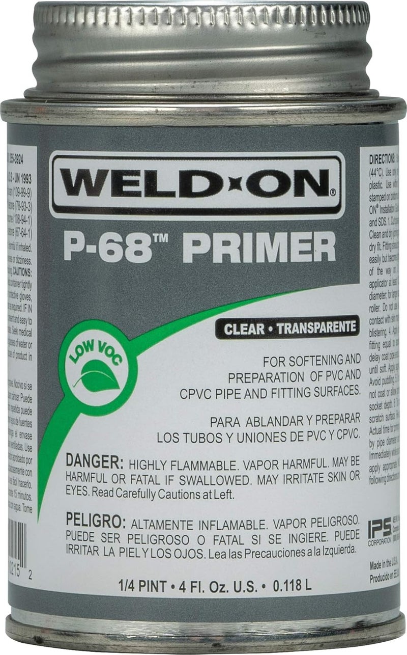 IPS Weld-On 10215 P-68 PVC/CPVC Non-Bodied Primer - Fast Acting and Low-VOC, Clear, 1/4 Pint (4 fl oz) - Image 1