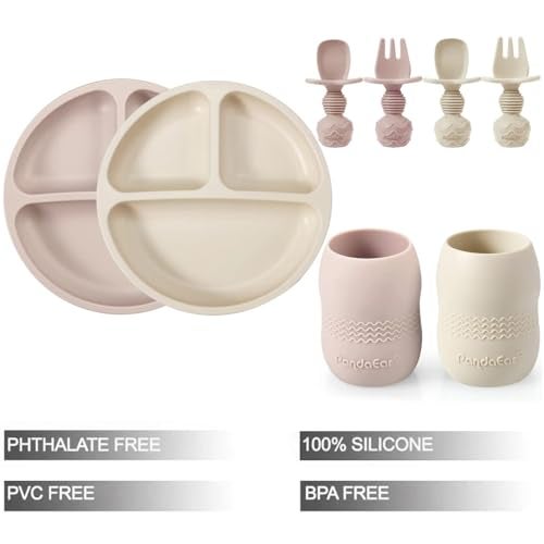 PandaEar Silicone Baby Feeding Set 2 Pack Divided Suction Plate 2 Tiny Cup with Spoons BPA Free Light TanPink - Image 3