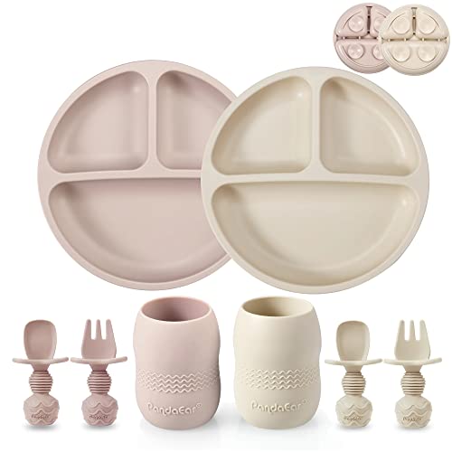 PandaEar Silicone Baby Feeding Set 2 Pack Divided Suction Plate 2 Tiny Cup with Spoons BPA Free Light TanPink - Image 1