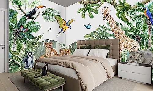 MFWFM Safari Wallpaper for Children with Animals Jungle Wall Mural Watercolor Animals Nursery Wallpaper Kids Room DecorNot Peel n Stick - Image 1
