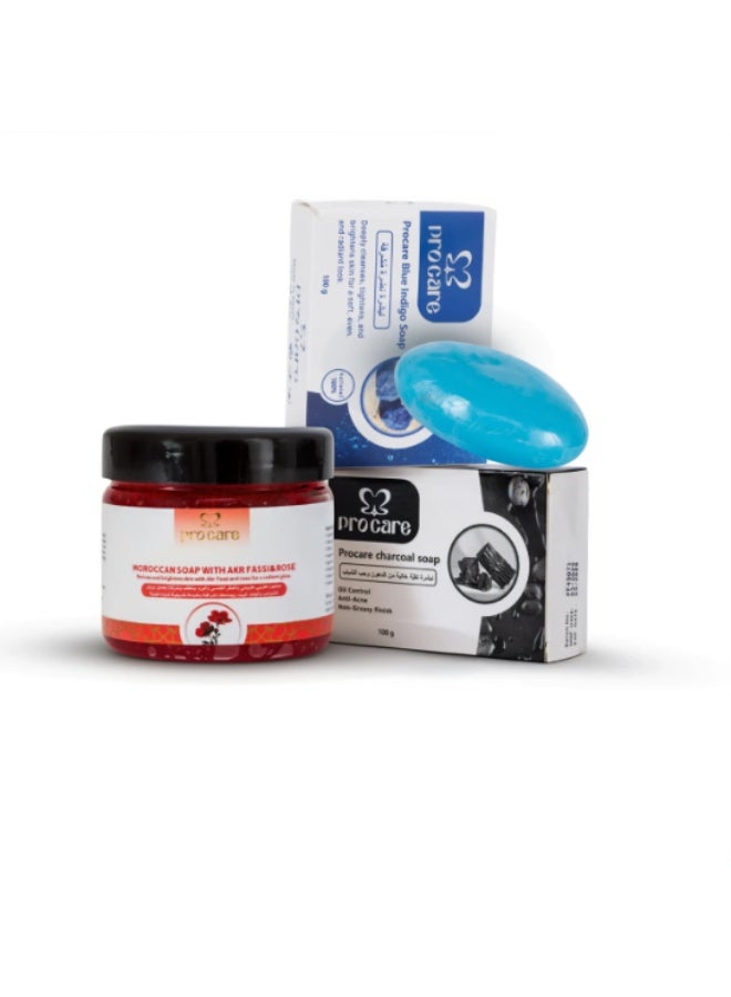Procare Premium Skincare Set: Pomegranate Scrub & Deep Cleansing Soaps (Blue Indigo & Charcoal)