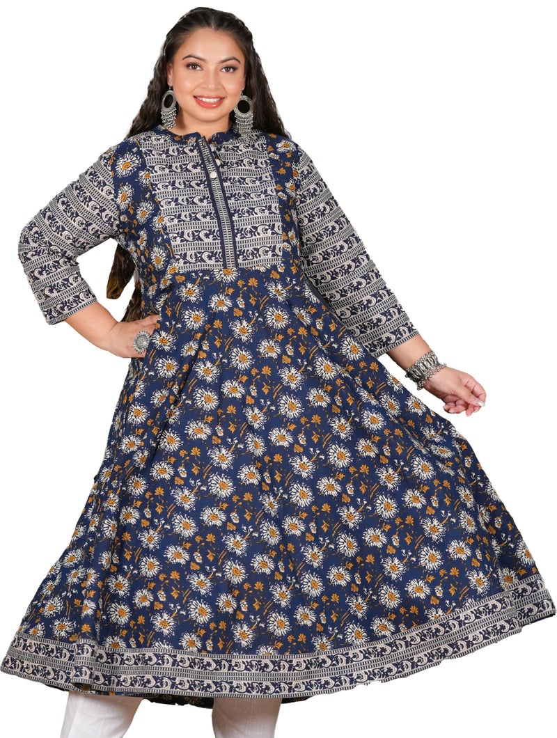 Yash Gallery Cotton Women's Plus Size Blue Floral Printed Regular Fit Anarkali Kurti (1597Plykblue, Blue, 5XL) - Image 1
