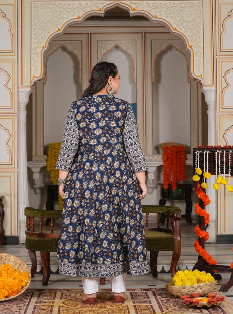 Yash Gallery Cotton Women's Plus Size Blue Floral Printed Regular Fit Anarkali Kurti (1597Plykblue, Blue, 5XL) - Image 4