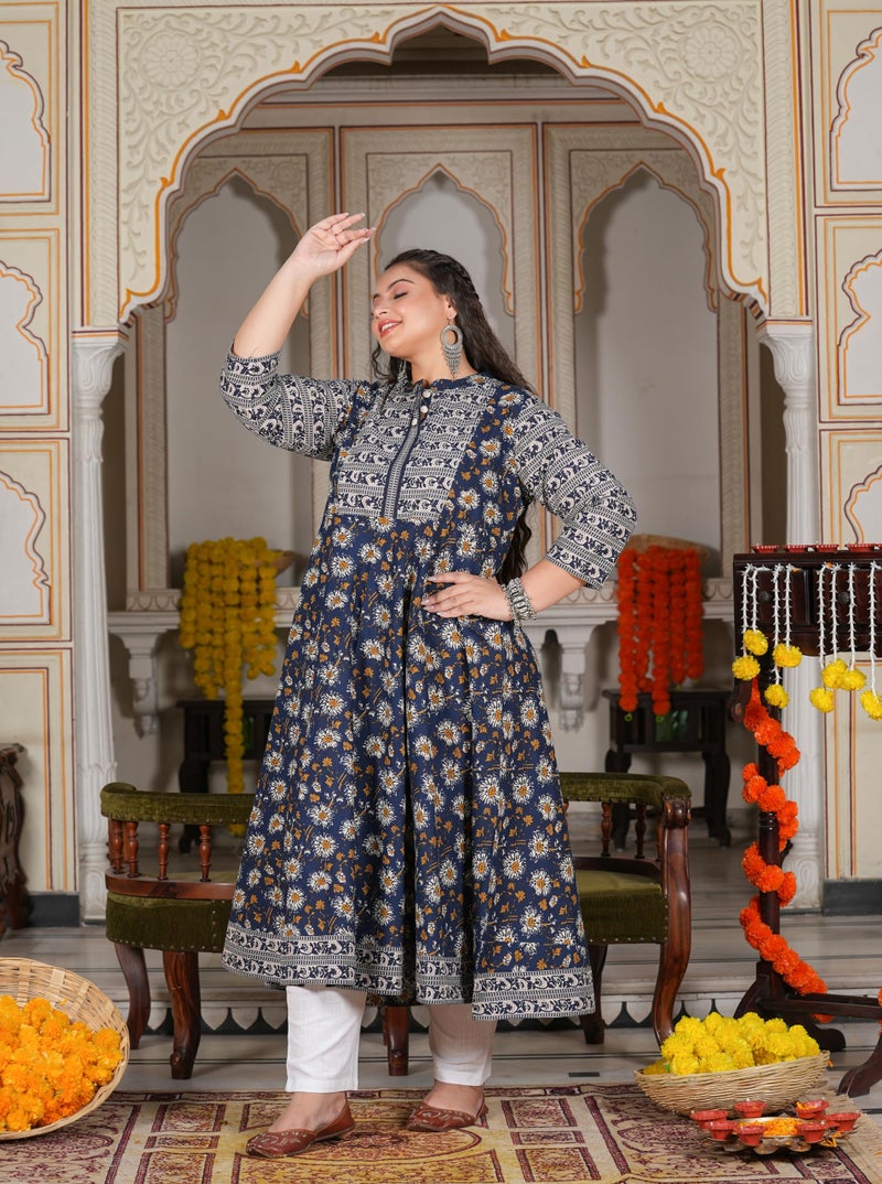 Yash Gallery Cotton Women's Plus Size Blue Floral Printed Regular Fit Anarkali Kurti (1597Plykblue, Blue, 5XL) - Image 3