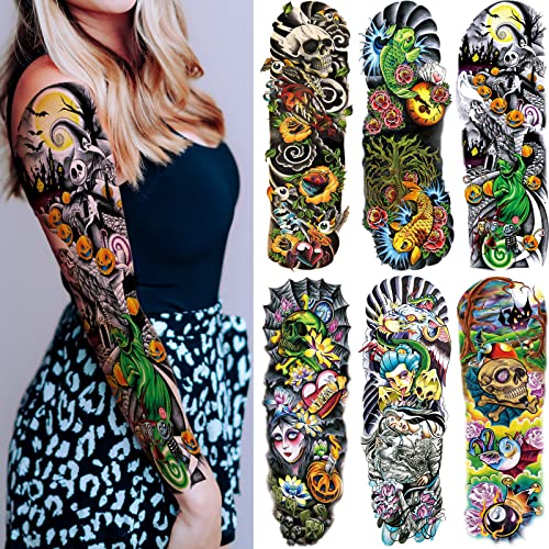 Briyhose Colorful Realistic Temporary Tattoo Sleeves For Kid Full Arm Large Skull Fish Watercolor Fake Sleeve Tattoos Kid Women Halloween Pumpkin Temp Tatoo Sticker Boy Girl Party Body Art Makeup 6Sheet - Image 2