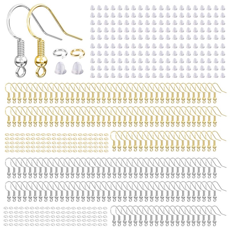 Aiythouy Hypoallergenic Earring Hooks, 600 Pcs Earring Making Supplies Kit with Earring Hooks, Jump Rings and Earring Backs for Jewelry Making (Silver and Gold) - Image 1