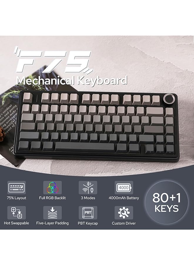 EPOMAKER X Aula F75 Gasket Mechanical Keyboard 75% Wireless Hot Swappable Gaming Keyboard With Five Layer Padding&Knob Bluetooth/2.4Ghz/Usb C Rgb (Black Gradient Leobog Reaper Switch) - Image 2