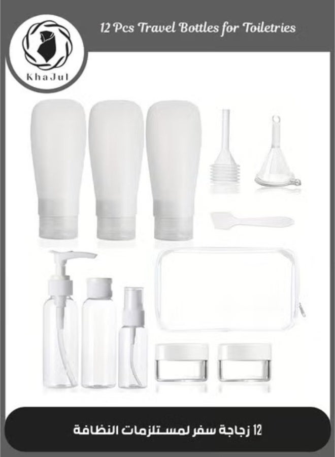 KHAJUL 12Pack Travel Bottles Set, Leak Proof Silicone Squeezable Toiletry Containers, TSA Approved Refillable Accessories Kit for Shampoo, Conditioner, Lotion, Portable Essentials for Family (Transparent White) - Image 1