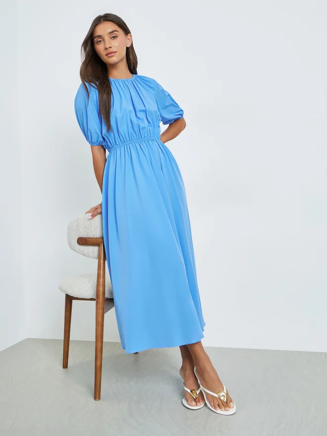 Styli Blue Solid Midi Dress with Short Sleeves