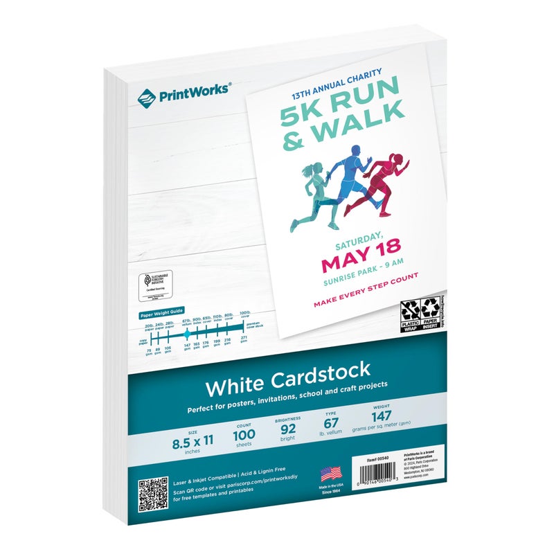PrintWorks White Cardstock 85 x 11 67 lb147 gsm Vellum Bristol 100 Sheets Made in the USA SFI Certified 92 Bright Card Stock Printer Paper for School Craft Office Use 00540