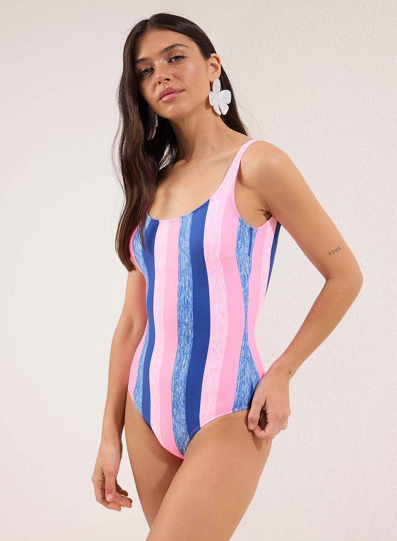 trendyol Striped Backless U-Neck Covered Regular Swimsuit Tbess25Ma00126 - Image 1