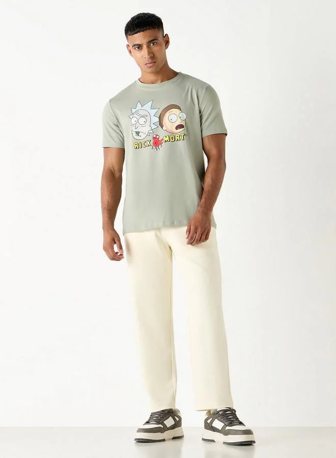 SP Characters Rick and Morty Print Crew Neck T-shirt with Short Sleeves
