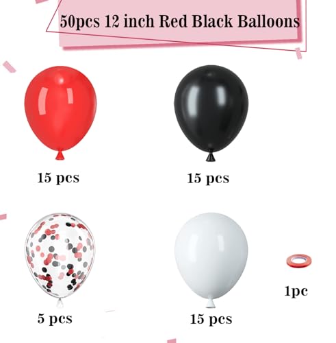 YMSZ Red and Black Balloons 50pcs 12 inch Black Red White Balloons for Birthday Wedding Baby Shower Casino Party Race Car Party Decorations - Image 5