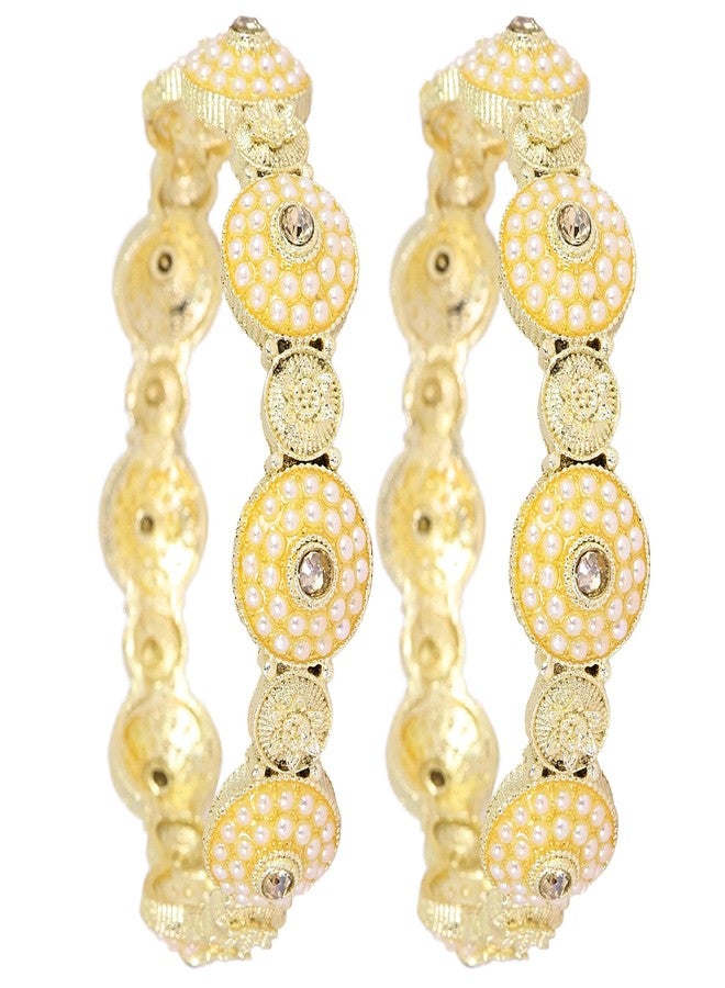 NMII Traditional Alloy Metal with White Pearls Moti Bangles For Women & Girls | Rajwadi Kangan | Chudi Kada Set | Pearls Kada | Occasion Wear- Set of 2-(NAB80-White Moti-Gold-2.4) - Image 1