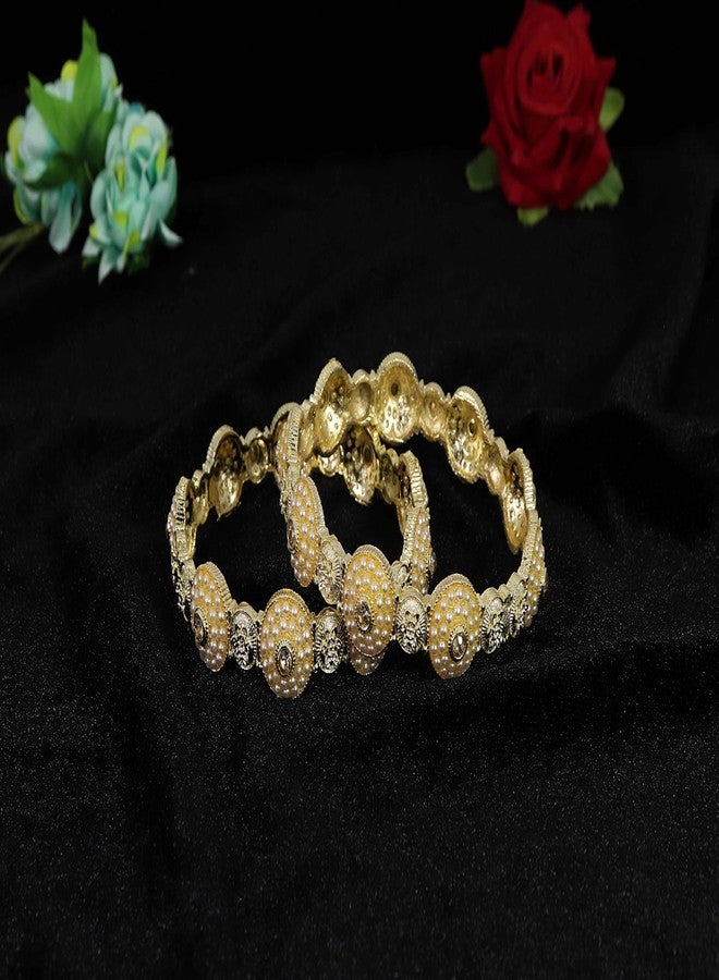 NMII Traditional Alloy Metal with White Pearls Moti Bangles For Women & Girls | Rajwadi Kangan | Chudi Kada Set | Pearls Kada | Occasion Wear- Set of 2-(NAB80-White Moti-Gold-2.4) - Image 3