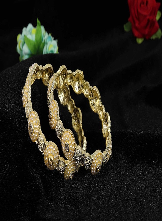 NMII Traditional Alloy Metal with White Pearls Moti Bangles For Women & Girls | Rajwadi Kangan | Chudi Kada Set | Pearls Kada | Occasion Wear- Set of 2-(NAB80-White Moti-Gold-2.4) - Image 2