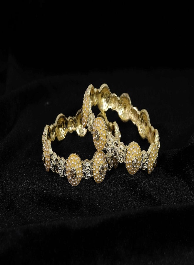 NMII Traditional Alloy Metal with White Pearls Moti Bangles For Women & Girls | Rajwadi Kangan | Chudi Kada Set | Pearls Kada | Occasion Wear- Set of 2-(NAB80-White Moti-Gold-2.4) - Image 4