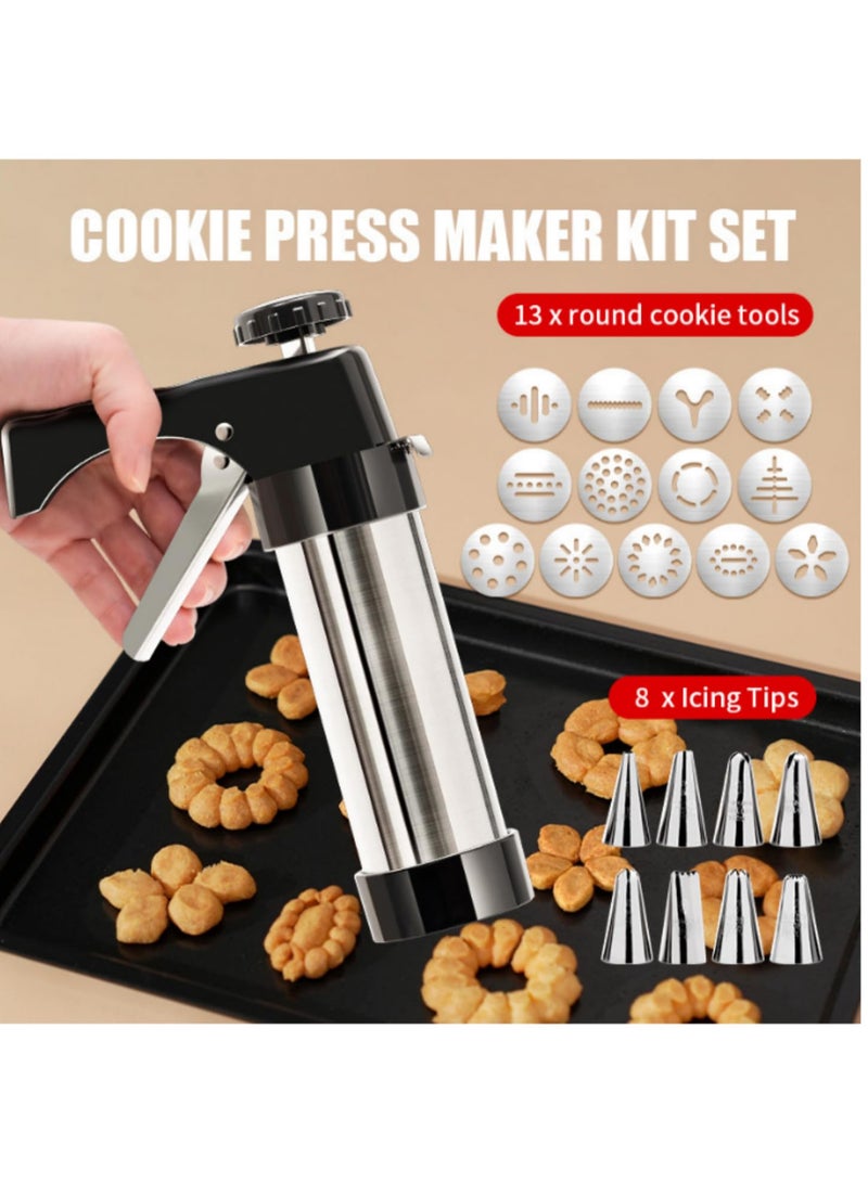 Stainless Steel Cookie Maker Press Kit Manual Churros Maker Machine Cookie Biscuit Press Kit with 8 Pipe Nozzles and 13 Biscuit Discs for Making and Decorating Cookies - Image 3