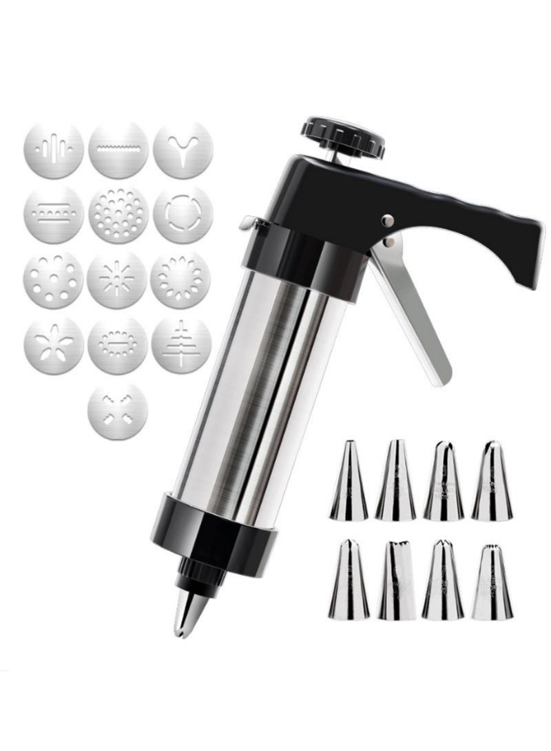 Stainless Steel Cookie Maker Press Kit Manual Churros Maker Machine Cookie Biscuit Press Kit with 8 Pipe Nozzles and 13 Biscuit Discs for Making and Decorating Cookies - Image 1